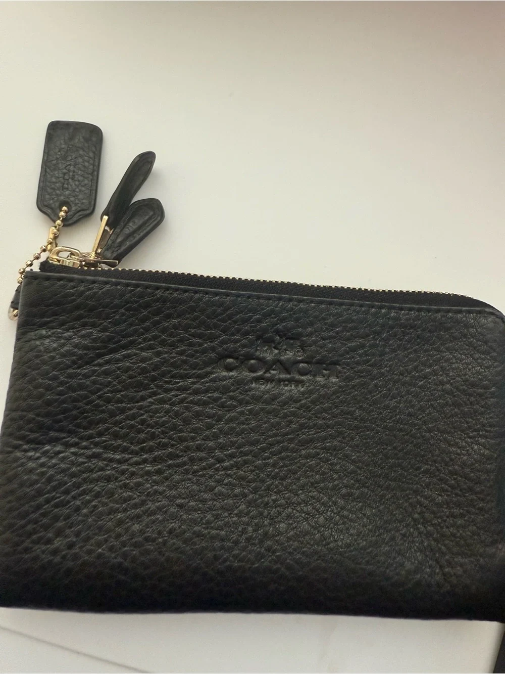 Coach Black Pebbled Leather Zip Key & Card Pouch with Gold Hardware